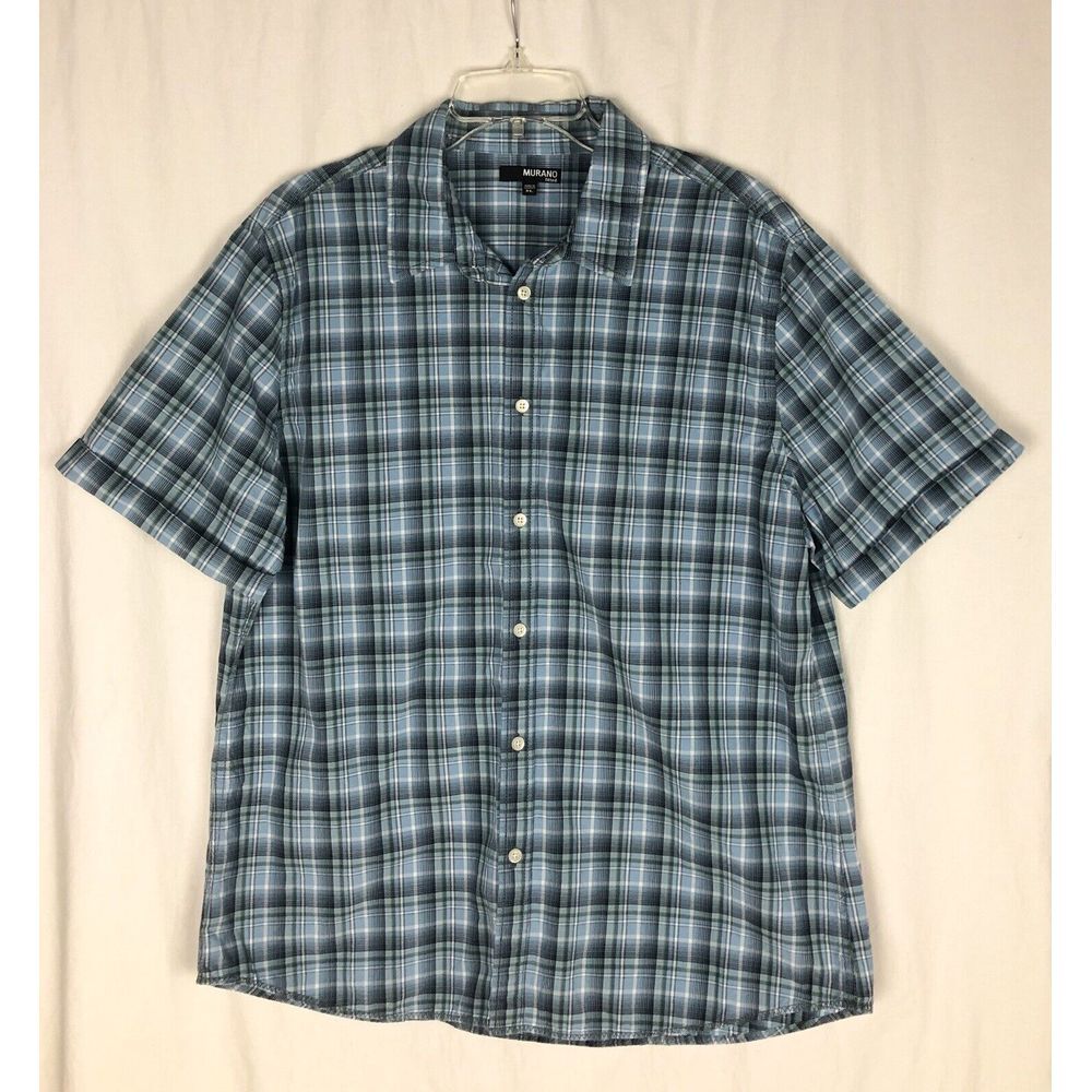 Murano Fitted Shirt Men's Size XL Short Sleeve Collared Button Front‎ Plaid Blue